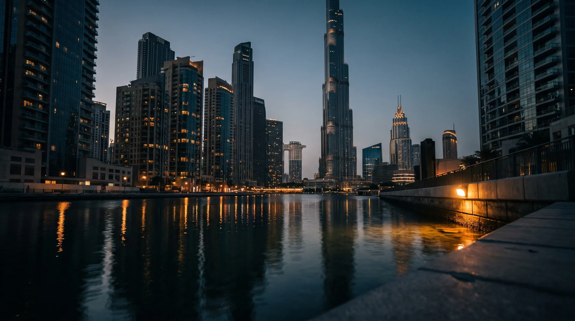 Dubai Skyline mit Burj Khalifa in der Abenddämmerung
